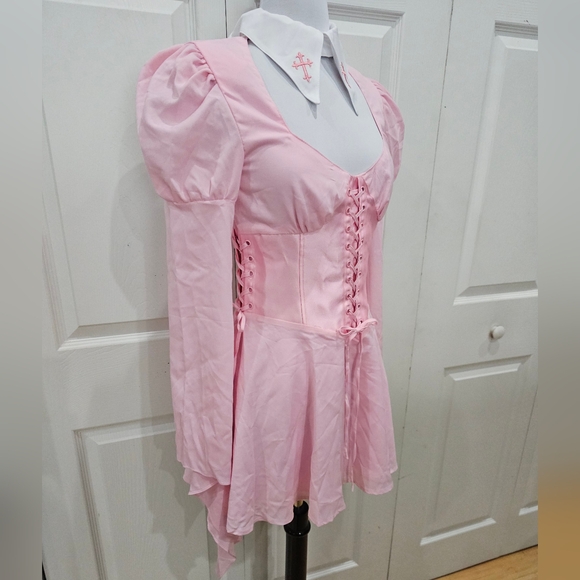 Dolls Kill Pink White Cross Sugar Thrillz Noble Hearted Corset lace up Dress S - Picture 4 of 8